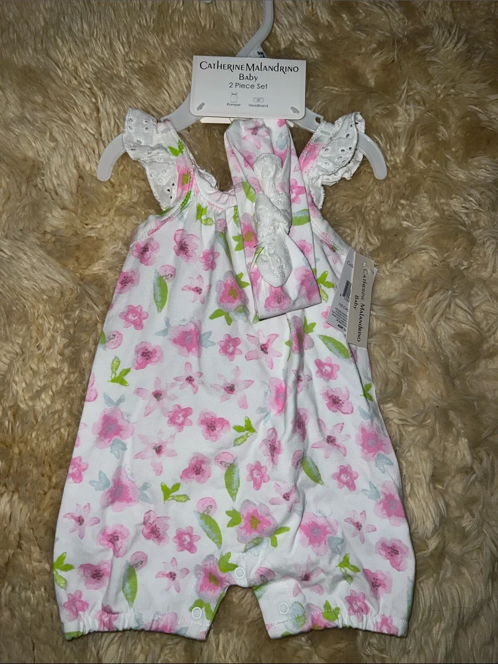 Catherine Malandrino White Romper with Pink Floral and Green Leaf Print